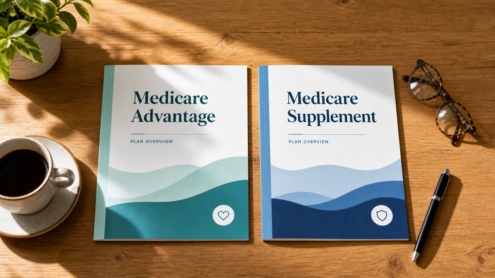 Two side-by-side Medicare plan documents on a sunlit table, with a cup of coffee and reading glasses