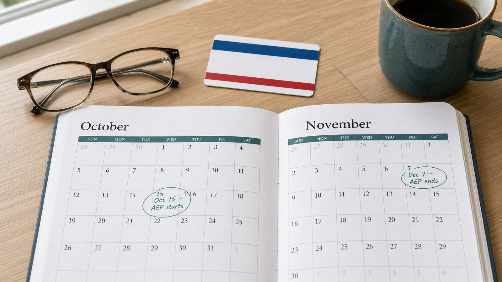 Open calendar showing October and November with handwritten notes about Medicare enrollment dates