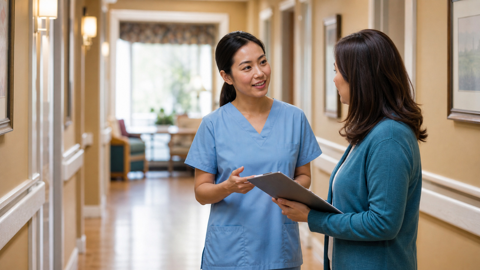 Warm, softly lit hallway in a skilled nursing facility with a nurse speaking to a family member