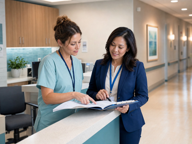 Discharge planner reviewing transition paperwork with a Carebridge advisor