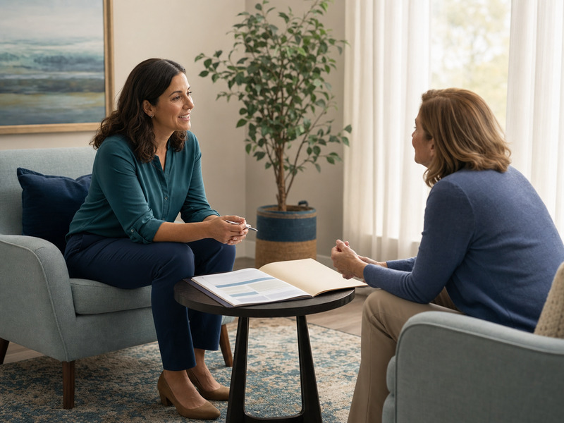 Carebridge advisor speaking warmly with a resident's family member in a quiet office