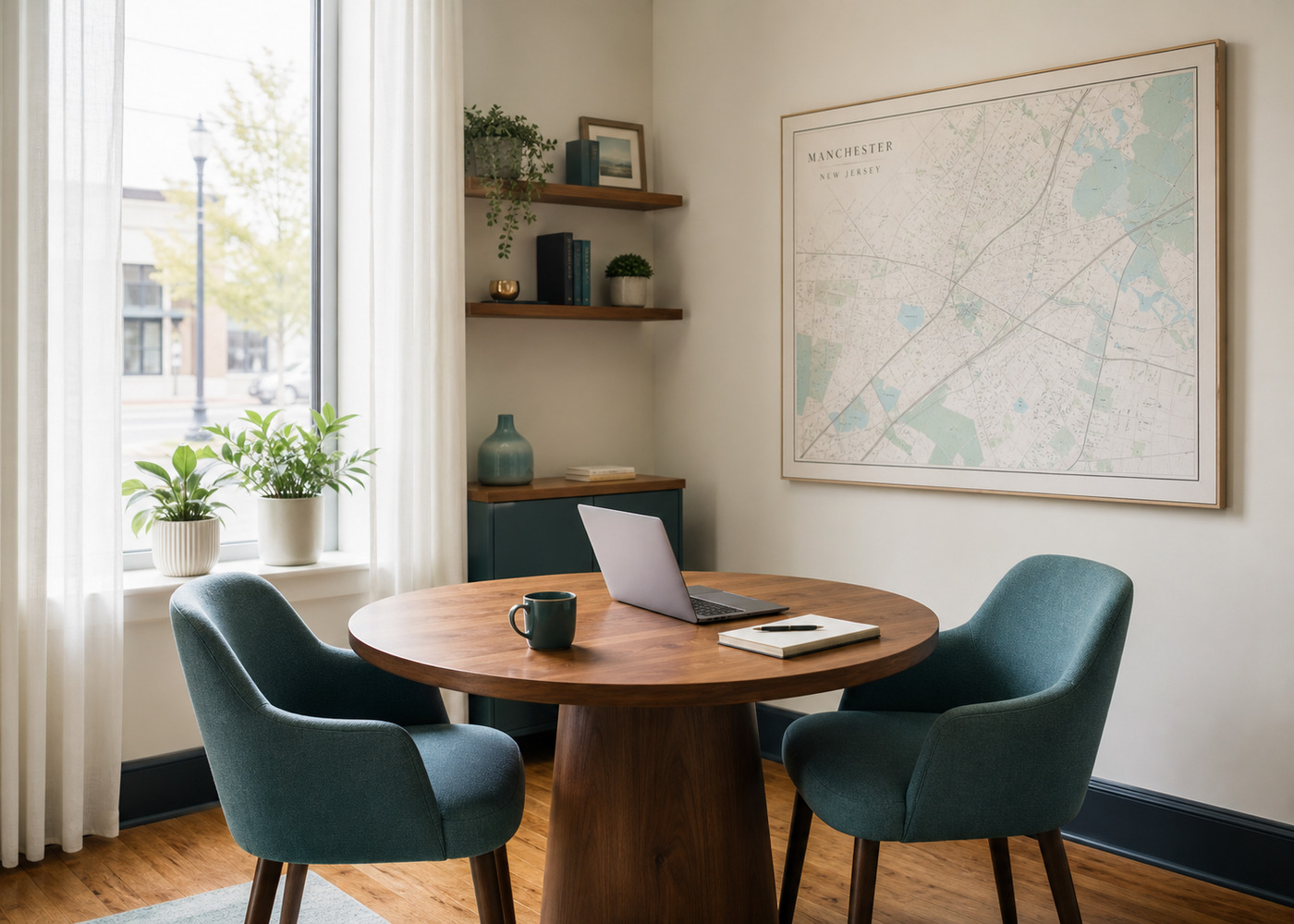 Editorial photograph of a small modern professional office interior with warm wood tones and two chairs near a window