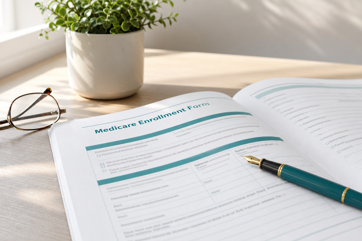 Senior reviewing Medicare paperwork with a Carebridge advisor at a warmly lit kitchen table