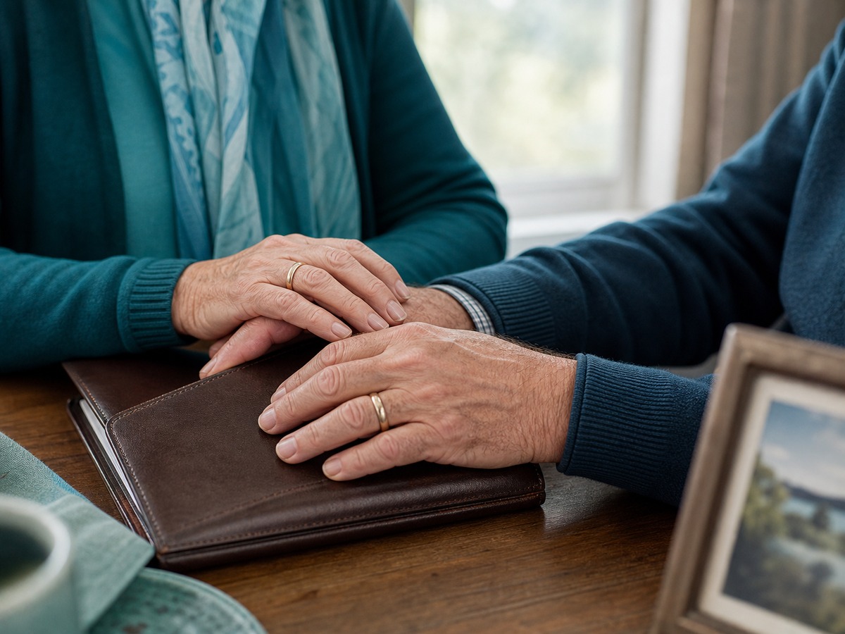 Two adult family members reviewing simple final expense paperwork together in a warm living room