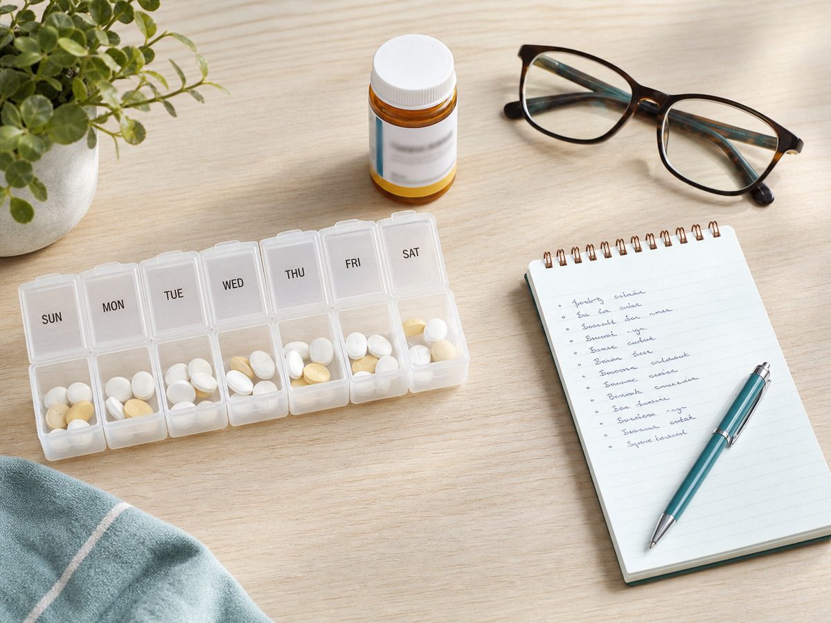 Pharmacist and senior reviewing prescription medications and Part D formulary documents