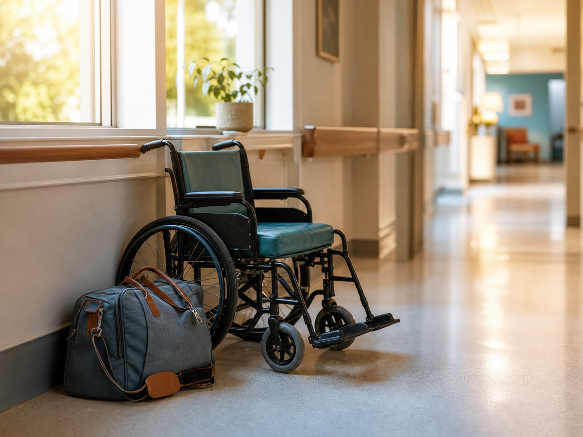 Family meeting with a social worker and Carebridge advisor in a rehab facility lounge